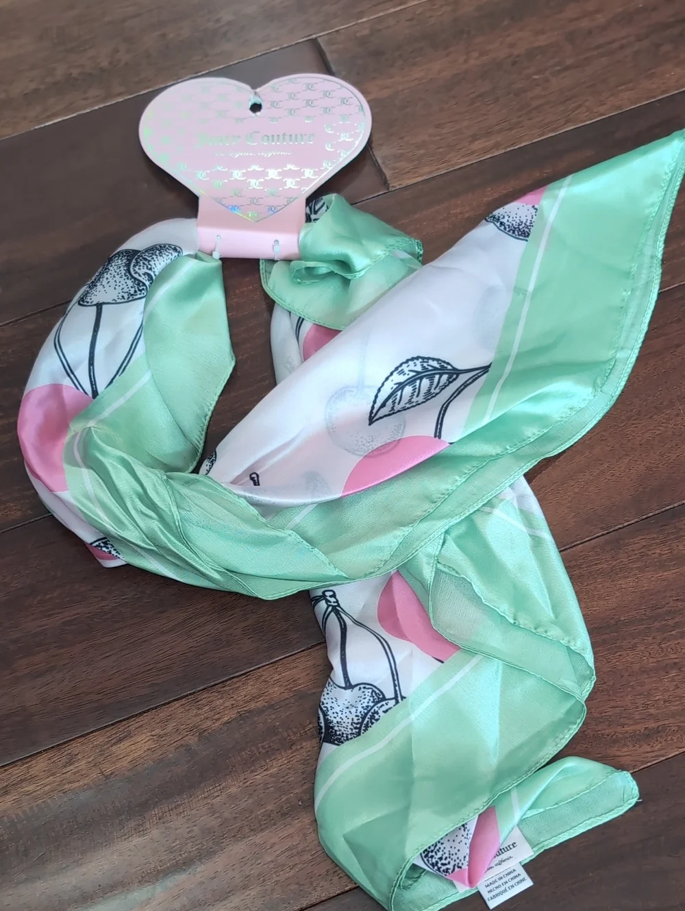 Juicy Couture Mint Green & Pink Fruit Print Silk Scarf